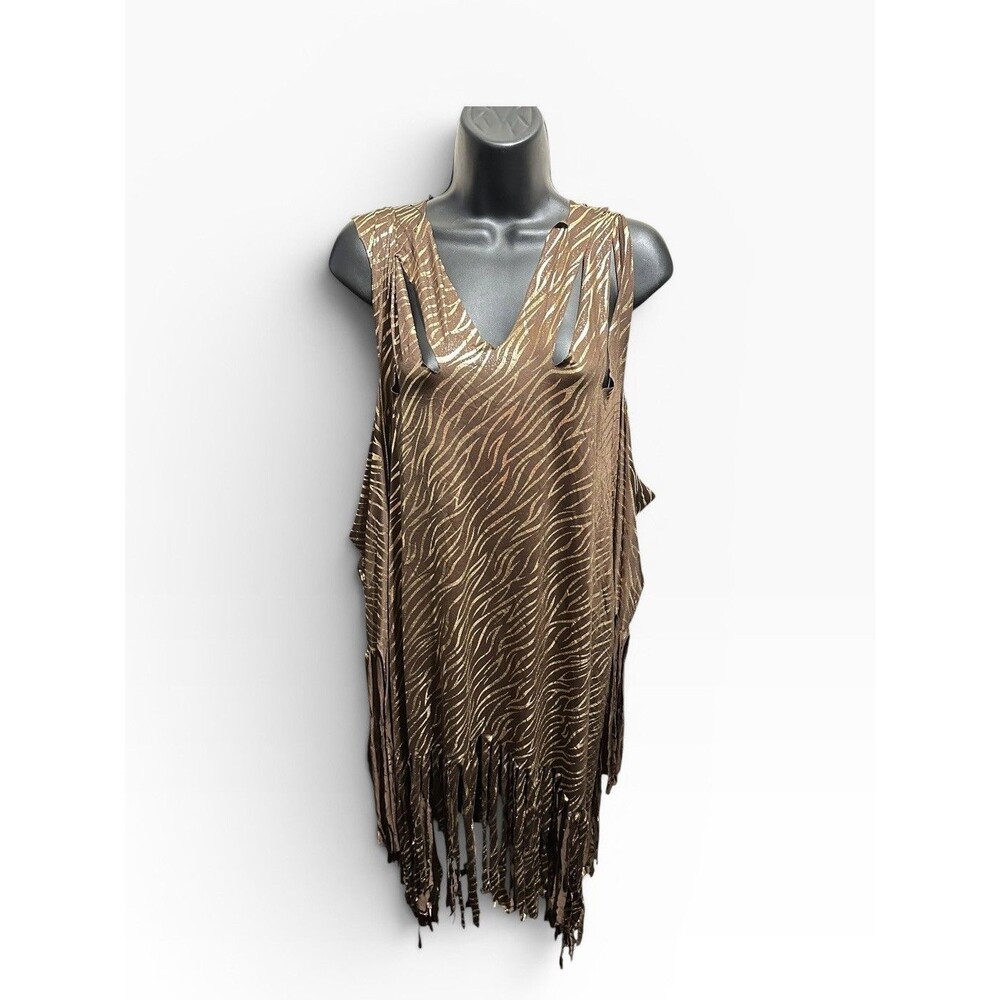 Metallic Gold Zebra Fringe Tunic Mini Dress Women’s OS Boho Western Festival